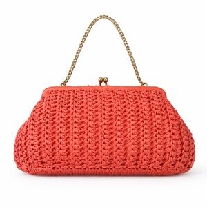 Vintage 1950s 1960s Coral Orange Raffia Clutch Purse Kiss Lock - Made In Japan